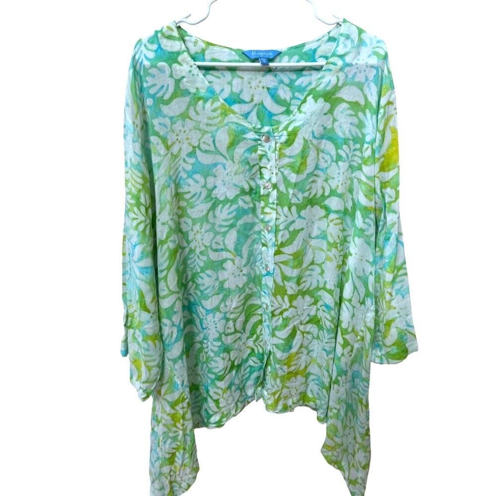 Blue Ginger Tunic Top Women Size XXL Green Blue Tropical Lightweight Beachy